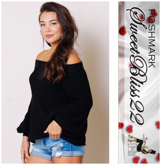 💋Black Off Shoulder Puff Sleeves Sweater💋 - Picture 2 of 5